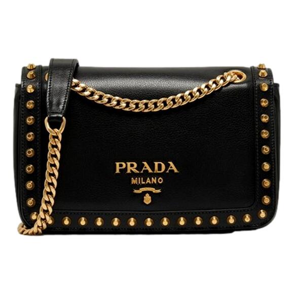 Prada Handbags - Prada Pattina Black Calf Leather Studded Flap Chain Crossbody